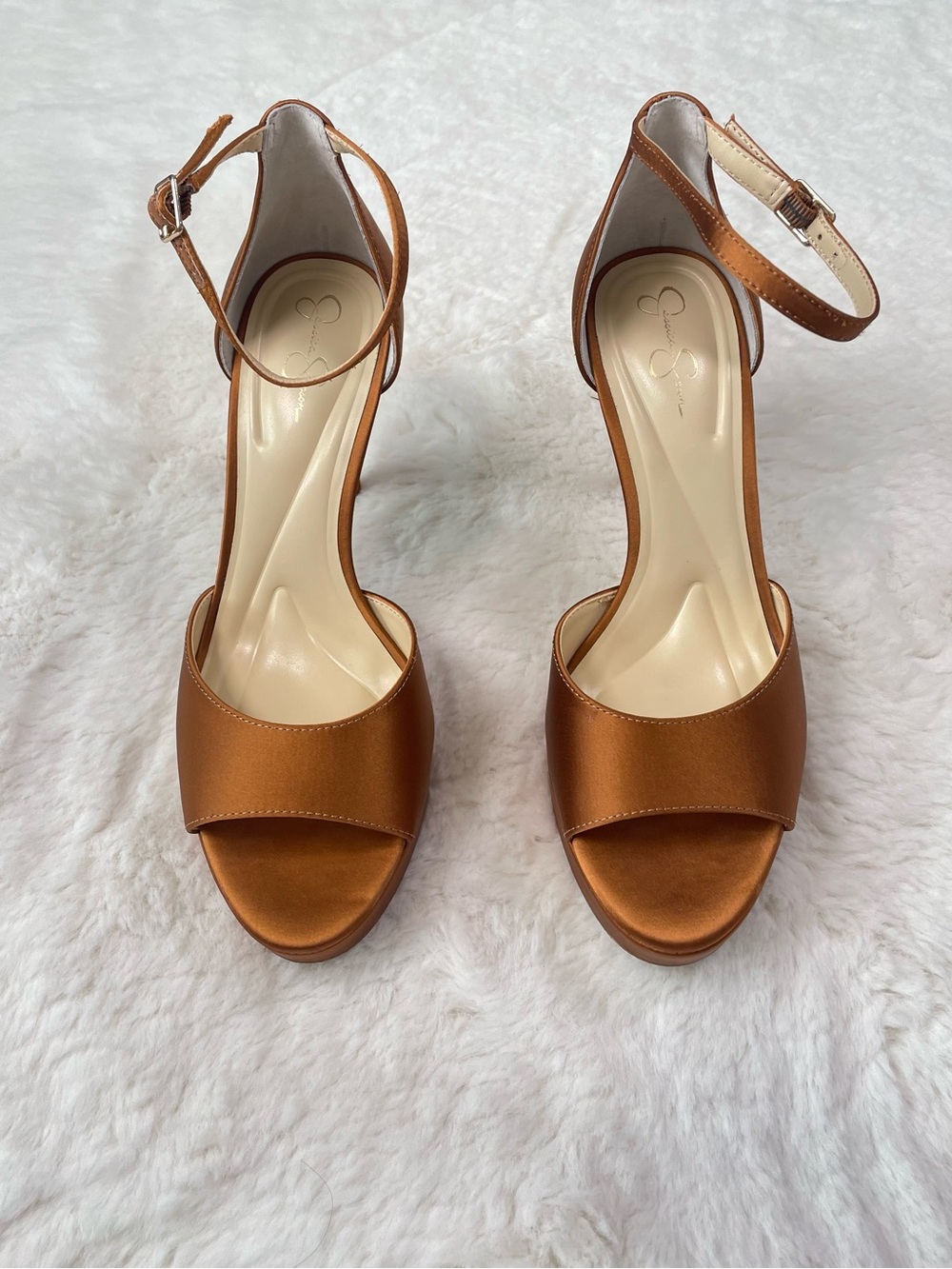 Jessica Simpson Satin Ankle-Strap Open-Toe Heels in Cognac